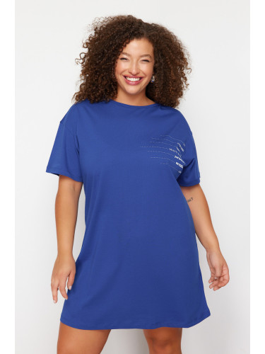 Trendyol Curve Blue Crew Neck Printed T-shirt Knitted Dress