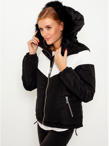 White-black jacket with hood and artificial fur CAMAIEU - Women