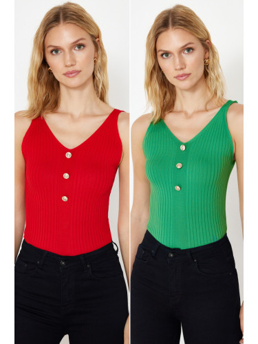 Trendyol Green-Red Double Pack V-Neck Top Knitwear Thin Blouse