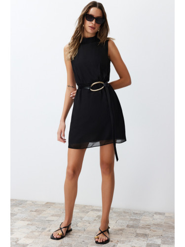 Trendyol Black A-Line High Neck Lined Chiffon Mini Woven Dress