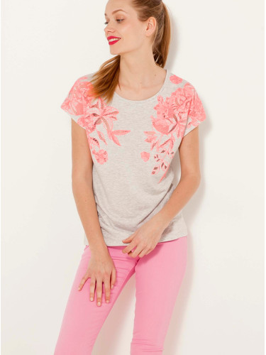 Light grey floral T-shirt CAMAIEU - Women