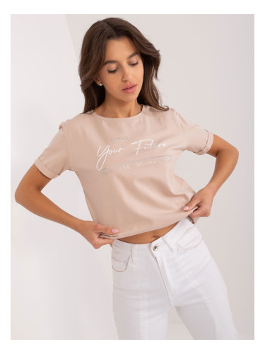 Beige women's T-shirt with print and rhinestones