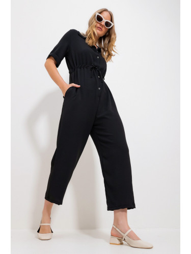 Trend Alaçatı Stili Women's Black Shirt Collar Hidden Double Pocket Tie Waist Woven Jumpsuit