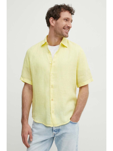 Ленена риза BOSS ORANGE в жълто със стандартна кройка с класическа яка 50489345