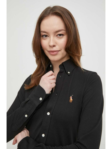 Памучна риза Polo Ralph Lauren дамска в черно със стандартна кройка с класическа яка 211924258