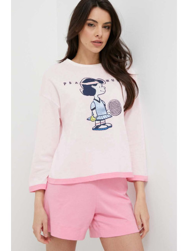 Памучно горнище на пижама с къси ръкави United Colors of Benetton x Peanuts в розово от памук
