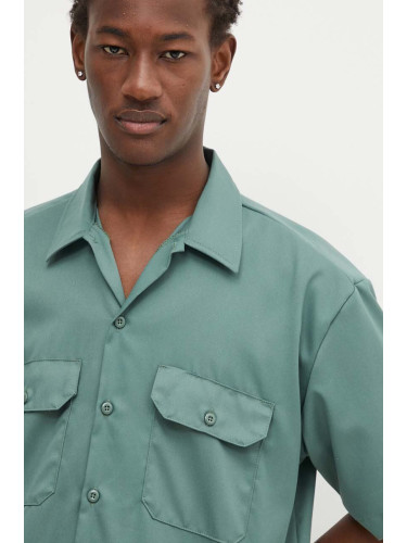 Риза Dickies мъжка в зелено със стандартна кройка с класическа яка