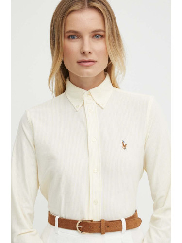 Памучна риза Polo Ralph Lauren дамска в жълто с кройка по тялото класическа яка 211910131