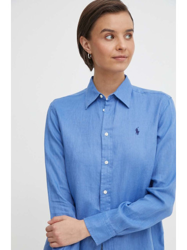 Ленена риза Polo Ralph Lauren в тюркоазено със стандартна кройка с класическа яка 211920516