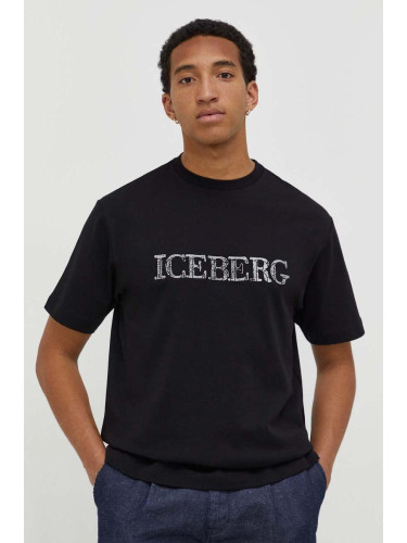 Памучна тениска Iceberg в черно с принт