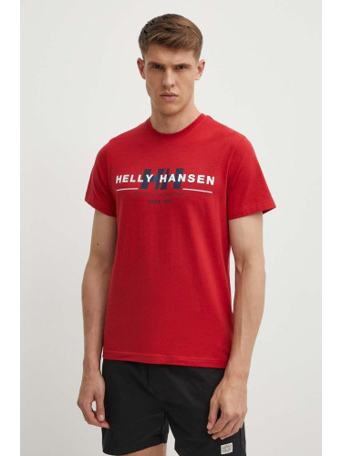 Памучна тениска Helly Hansen в червено с десен
