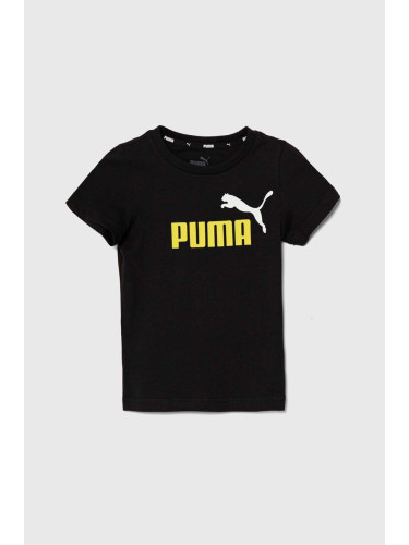 Детска памучна тениска Puma в черно с принт