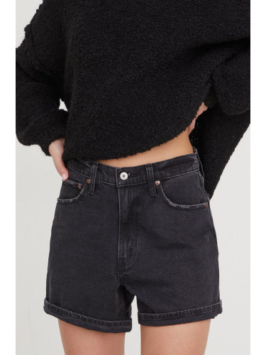 Дънков къс панталон Abercrombie & Fitch в черно с изчистен дизайн с висока талия