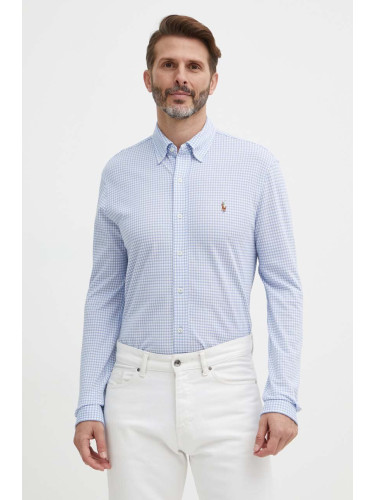 Памучна риза Polo Ralph Lauren мъжка в синьо със стандартна кройка с яка копче 710934576