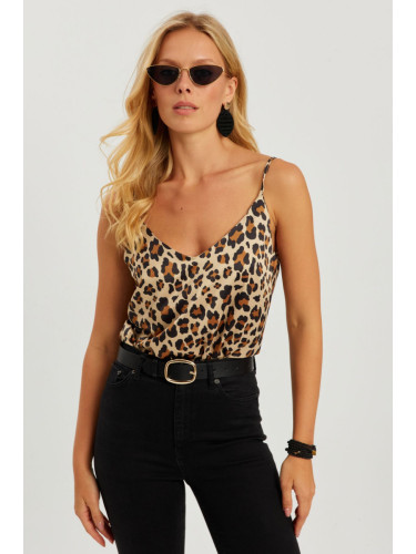 Cool & Sexy Women's Camel Leopard Patterned Satin Blouse