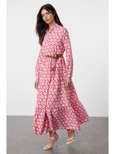 Trendyol Fuchsia Belted Skirt Flounced Floral Patterned Lined Woven Dress