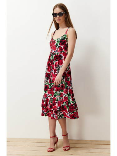 Trendyol Red Floral Strappy Skater/Waist Ribbed Elastic Knitted Midi Dress