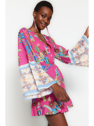 Trendyol Floral Patterned Mini Woven Flounce 100% Cotton Beach Dress