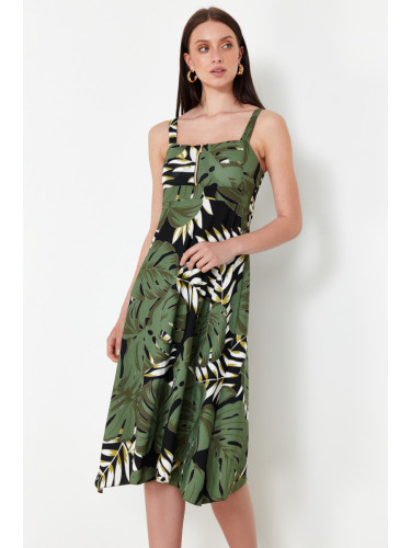 Trendyol Green Floral Printed Strap Zip A-line/Bell Opening Midi Knitted Dress