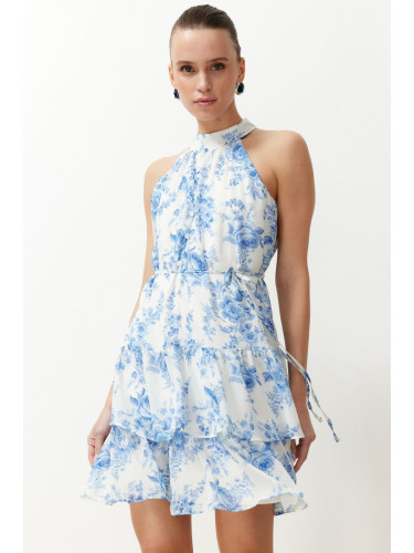 Trendyol Ecru Floral Print A-Line Layer Mini Lined Chiffon Woven Dress