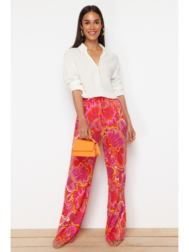 Trendyol Pink Wide Leg Patterned Woven Trousers with Elastic Waist Tie Detail
