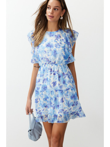 Trendyol Blue Floral Waist Opening Ruffle Mini Woven Dress