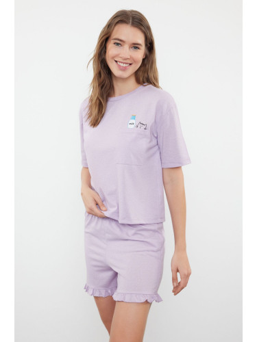 Trendyol Lilac Cotton Printed T-shirt-Shorts Knitted Pajama Set