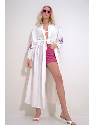 Trend Alaçatı Stili Women's White Maxiboy Kimino Kaftan with Glitter Embroidery on the Back and Sleeves and Belted Waist