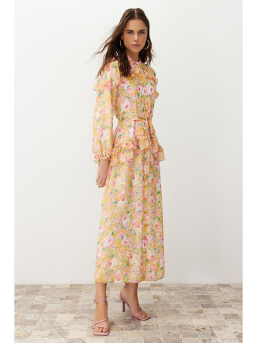 Trendyol Orange Floral Ruffle Detail Lined Woven Chiffon Dress