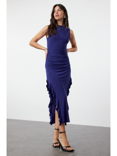 Trendyol Saks Plain Zero Sleeve Slit Ruffle Detailed Flexible Knitted Dress