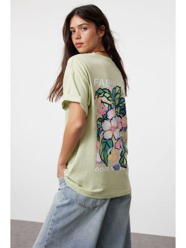 Trendyol Mint 100% Cotton Back and Front Printed Oversize/Wide Cut Knitted T-Shirt