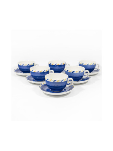 Чаен комплект 6бр. керамични чаши с чинийки син/жълт