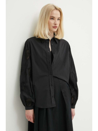 Памучна риза Sisley дамска в черно със свободна кройка с класическа яка
