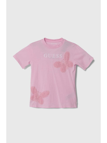 Детска памучна тениска Guess в розово