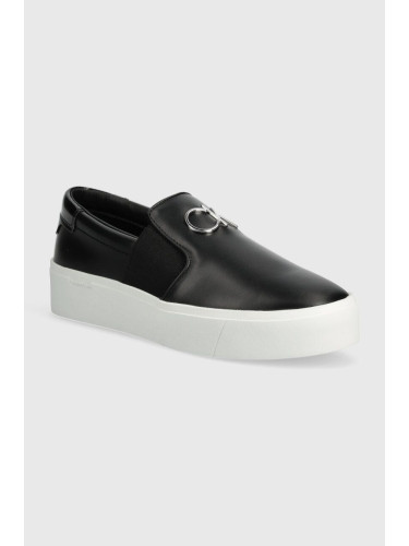 Кожени кецове Calvin Klein FLATFORM CUP SLIP ON RE LOCK LTH в черно HW0HW02057