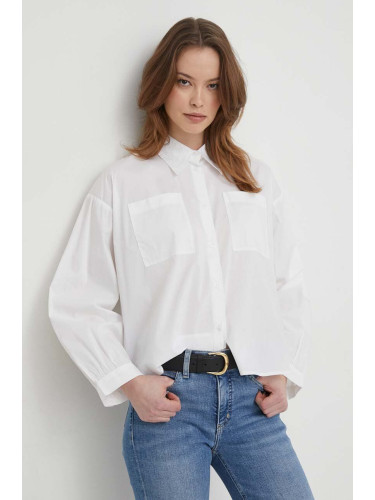 Риза United Colors of Benetton дамска в бяло със свободна кройка с класическа яка