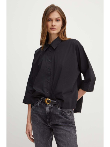 Памучна риза Sisley дамска в черно със стандартна кройка с класическа яка
