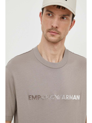 Памучна тениска Emporio Armani в бежово с апликация 3D1TG3 1JPZZ