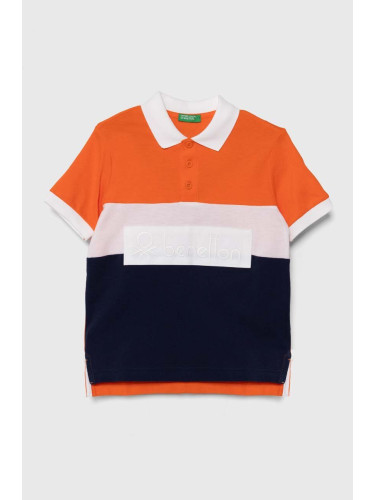 Детска памучна тениска с яка United Colors of Benetton в оранжево с десен