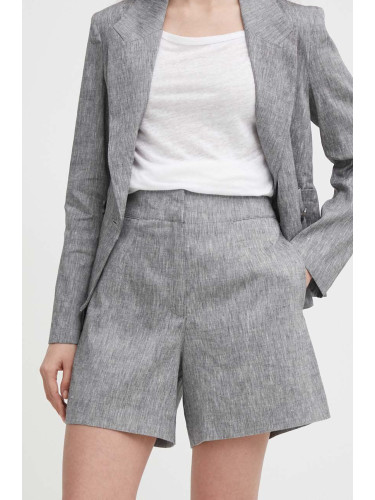 Ленен къс панталон Sisley в сиво с изчистен дизайн с висока талия