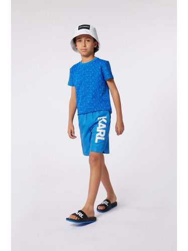 Детска памучна тениска Karl Lagerfeld в синьо с десен