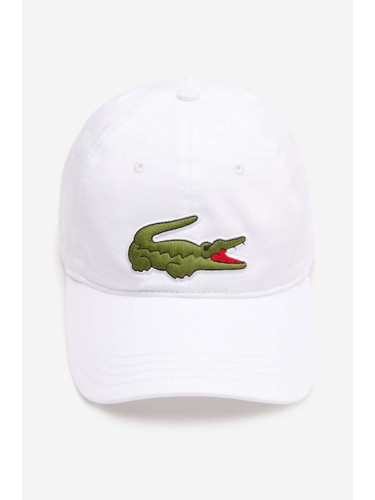 Памучна шапка с козирка Lacoste в бяло с апликация