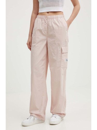 Памучен панталон Calvin Klein Jeans в розово със стандартна кройка, с висока талия J20J223116