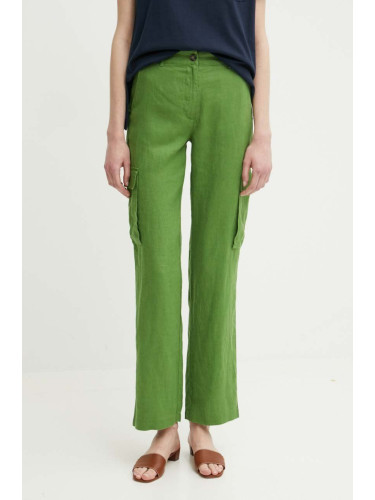 Ленен панталон United Colors of Benetton в зелено със стандартна кройка, с висока талия