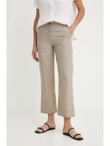 Ленен панталон Sisley в бежово със стандартна кройка, с висока талия