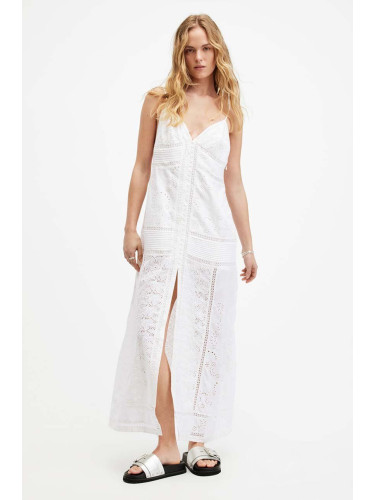 Рокля AllSaints DAHLIA EMB DRESS в бяло дълга със стандартна кройка W083DA