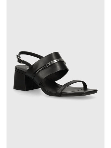 Кожени сандали Calvin Klein HEEL SANDAL 45 MET BAR LTH в черно HW0HW02056
