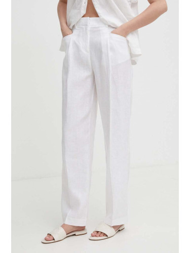 Ленен панталон United Colors of Benetton в бяло с кройка тип чино, с висока талия