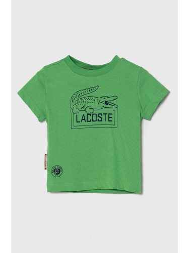 Детска памучна тениска Lacoste в зелено с принт