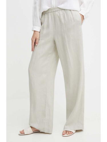 Ленен панталон Sisley в бежово с широка каройка, с висока талия
